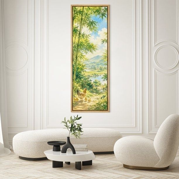 Salon lumineux avec tableau vertical et mobilier aux formes arrondies