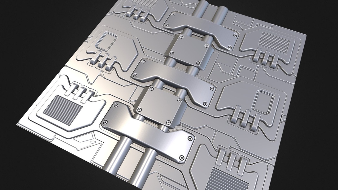 Panneau métallique argenté avec un motif en relief inspiré des circuits imprimés, présentant des formes géométriques, des lignes et des sections nervurées sur une surface réfléchissante. Son esthétique est moderne et futuriste, mais il ne s'agit pas d'un panneau acoustique.